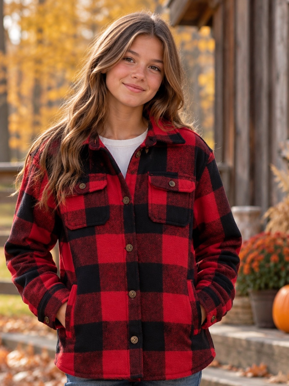 🍁Canadiana Youth XL 14–16 Wool Blend Buffalo Plaid Shacket – Red Black – Unisex